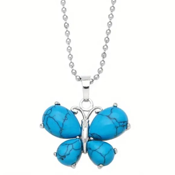 Cute Butterfly Pendant Blue Howlite Stone Necklace - Picture 2 of 2